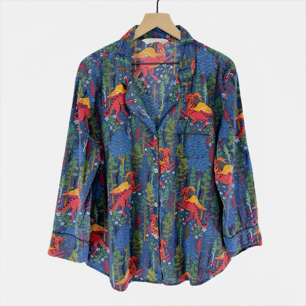 Print Fresh Pajama Top Womens Large Blue Dragon Button Up Organic Cotton Boho